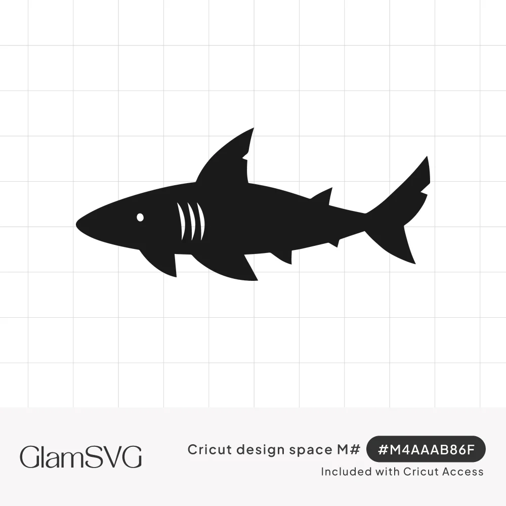 Solid black shark silhouette swimming sideways with a white eye and three white gill slits