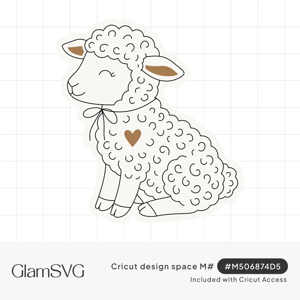 Hand-drawn cream lamb sitting with curly wool, closed eyes, tan ears, neck bow and a small brown heart on its chest