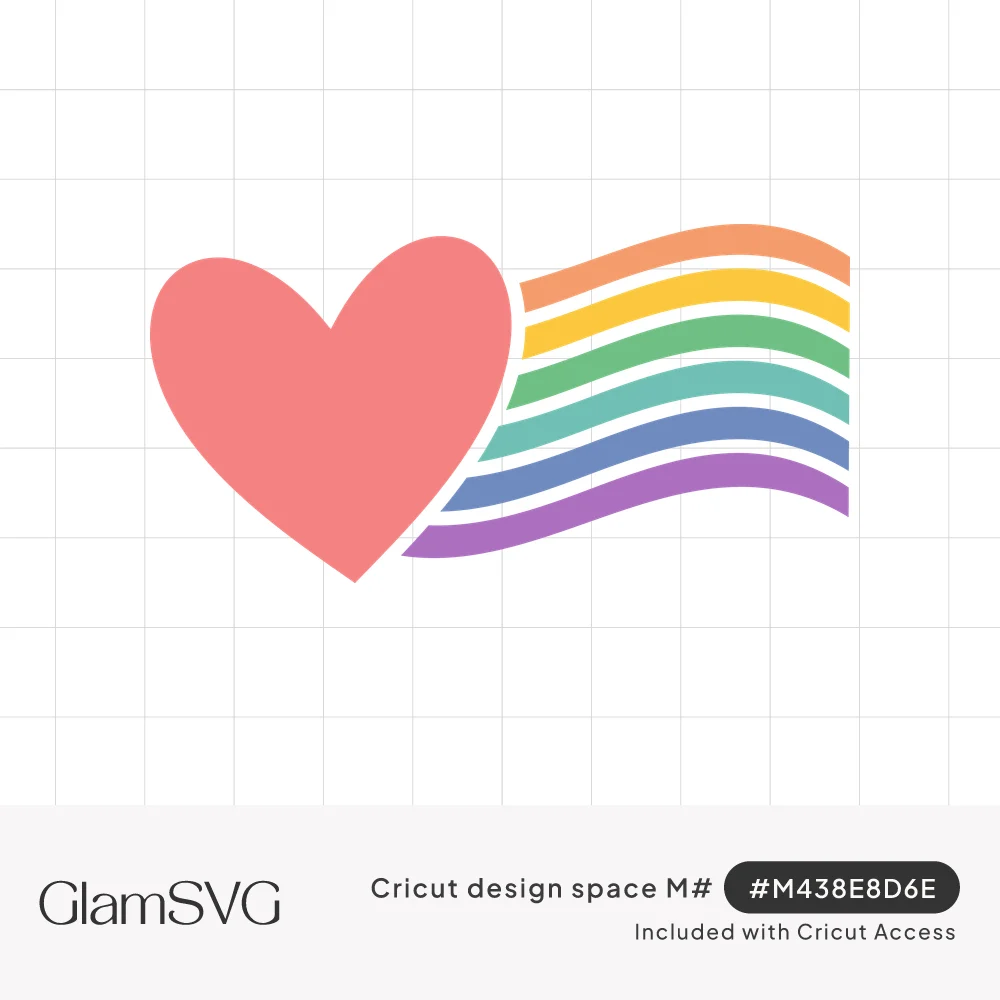 Coral pink heart with wavy orange, yellow, green, teal, blue and purple rainbow stripes trailing behind it