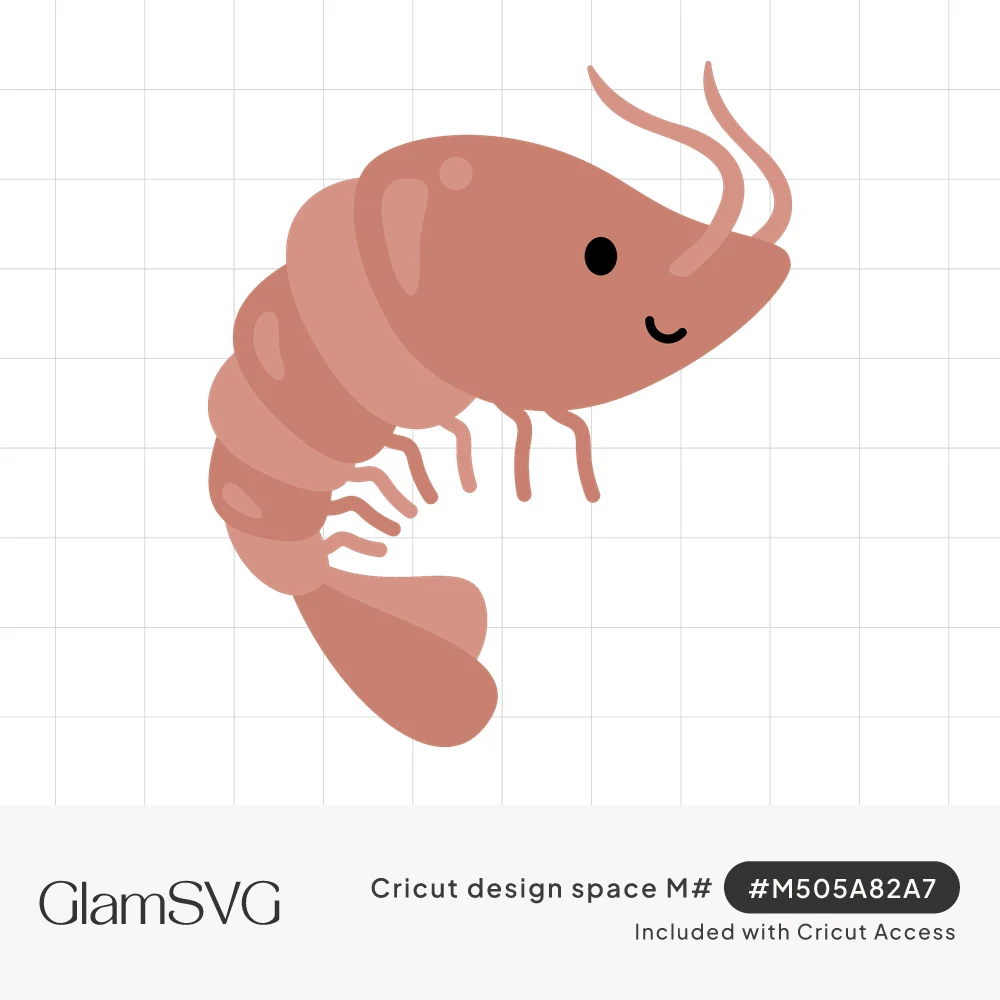 Cute cartoon shrimp in coral and salmon pink with a curled tail, dot eye, small smile and long antennae