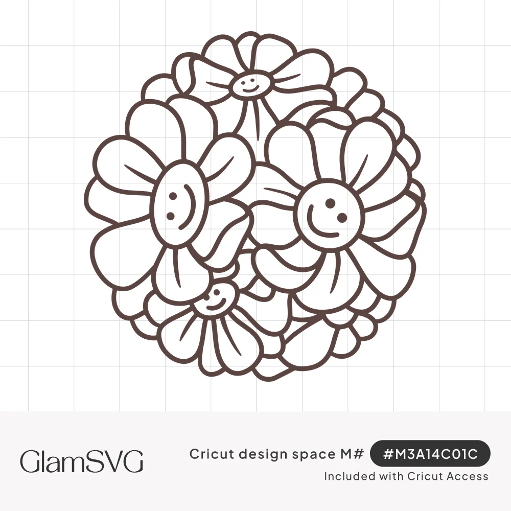 Line drawing of a round cluster of daisy-like flowers, several with smiling faces in their centers