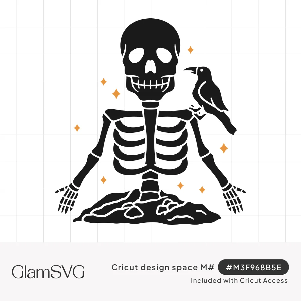 Black skeleton rising from a dirt mound with arms outstretched, a crow on its shoulder and small orange sparkles around it