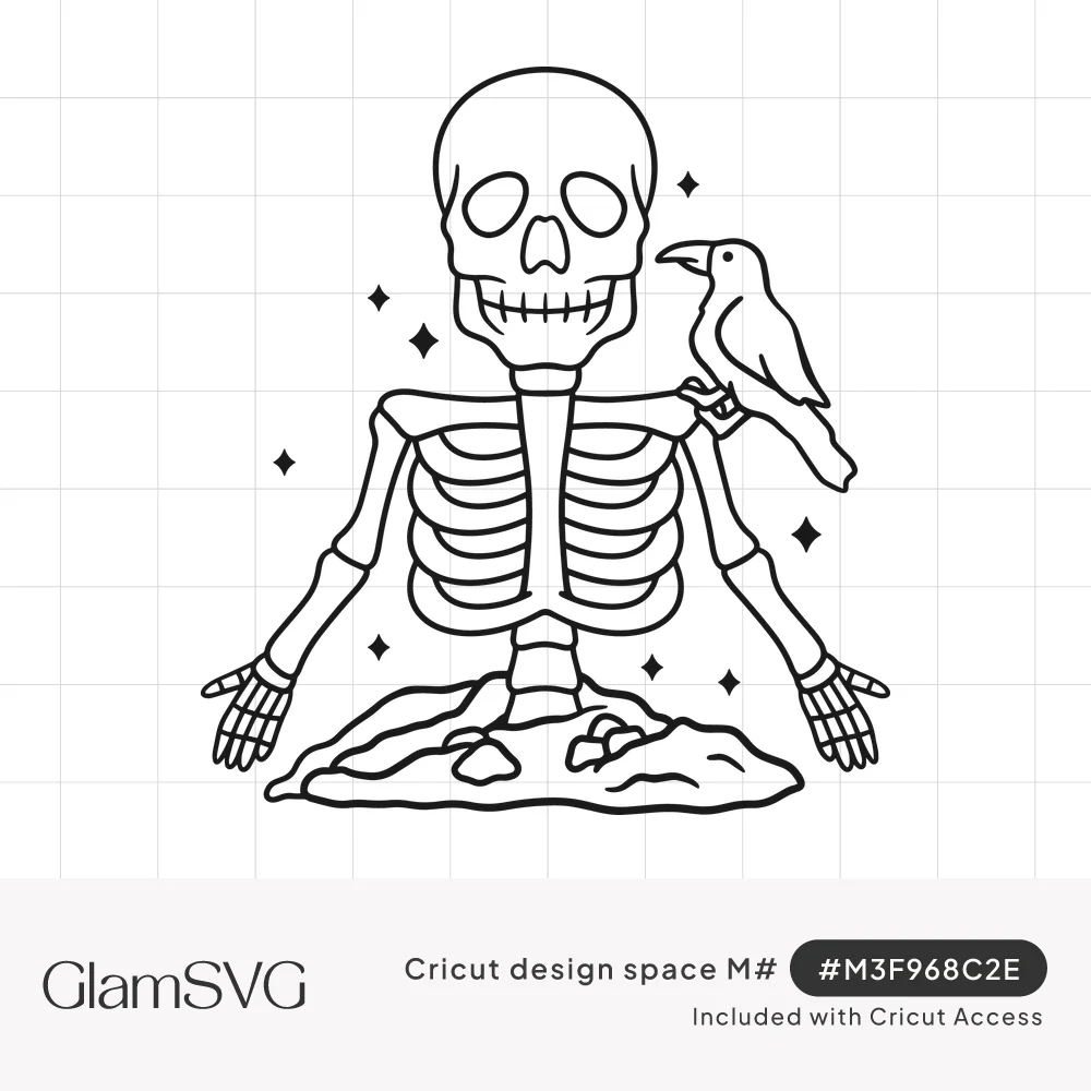 Line art of a smiling skeleton rising from a dirt mound with a crow perched on its shoulder and sparkles around it