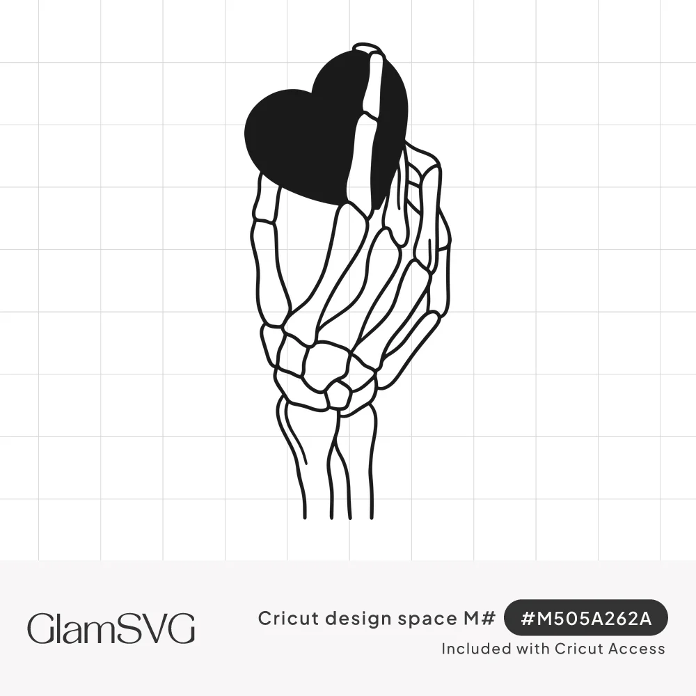 Black line drawing of a skeleton hand holding a solid black heart between its bony fingers