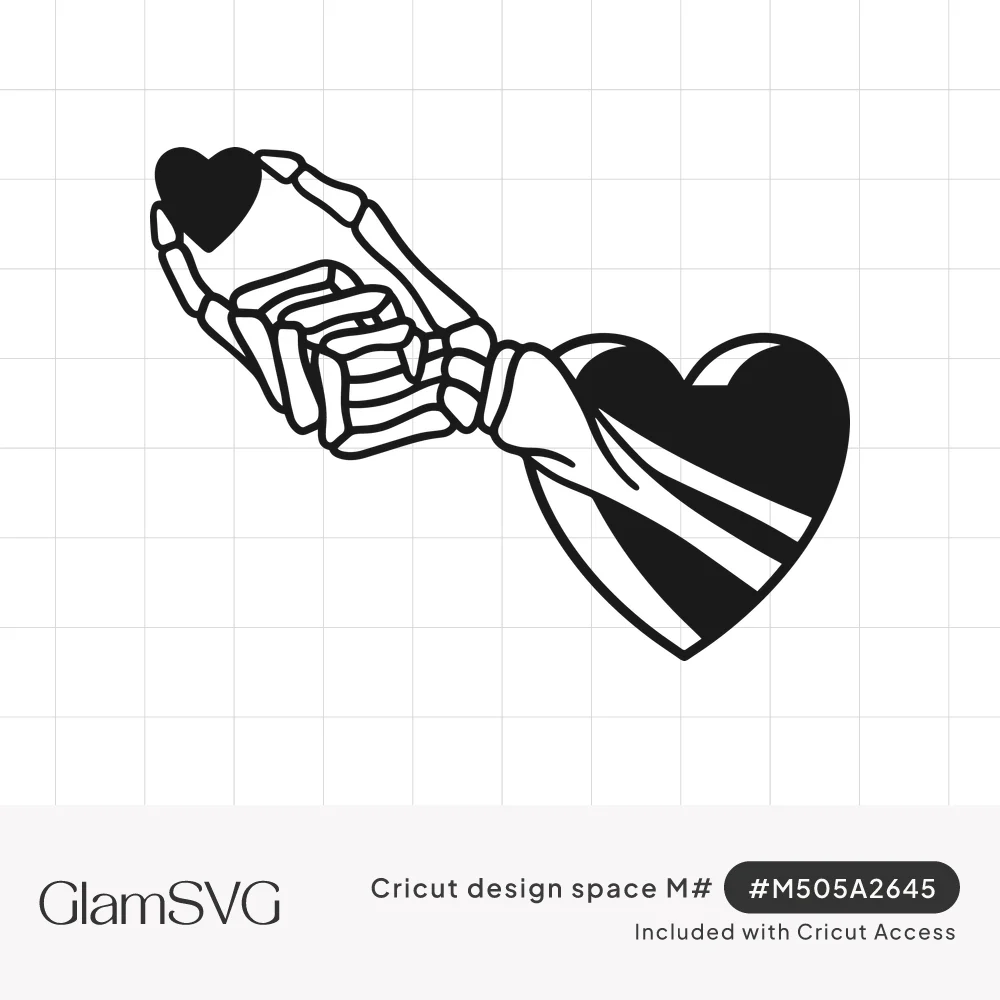 Black and white skeleton hand reaching out of a large heart, holding a small black heart between its fingertips