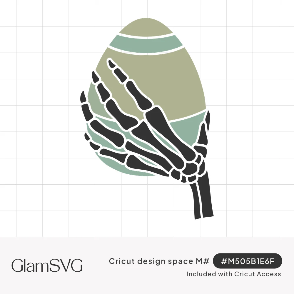 Black skeleton hand holding a sage green and seafoam striped Easter egg
