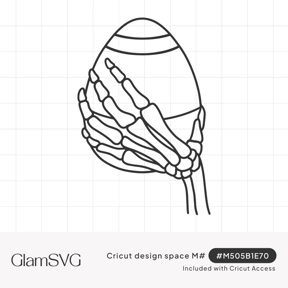 Line drawing of a skeleton hand holding a large striped Easter egg