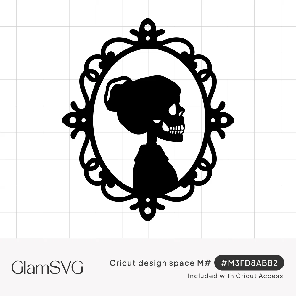 Black silhouette of a skeleton woman in profile with a hair bun inside an ornate Victorian oval cameo frame