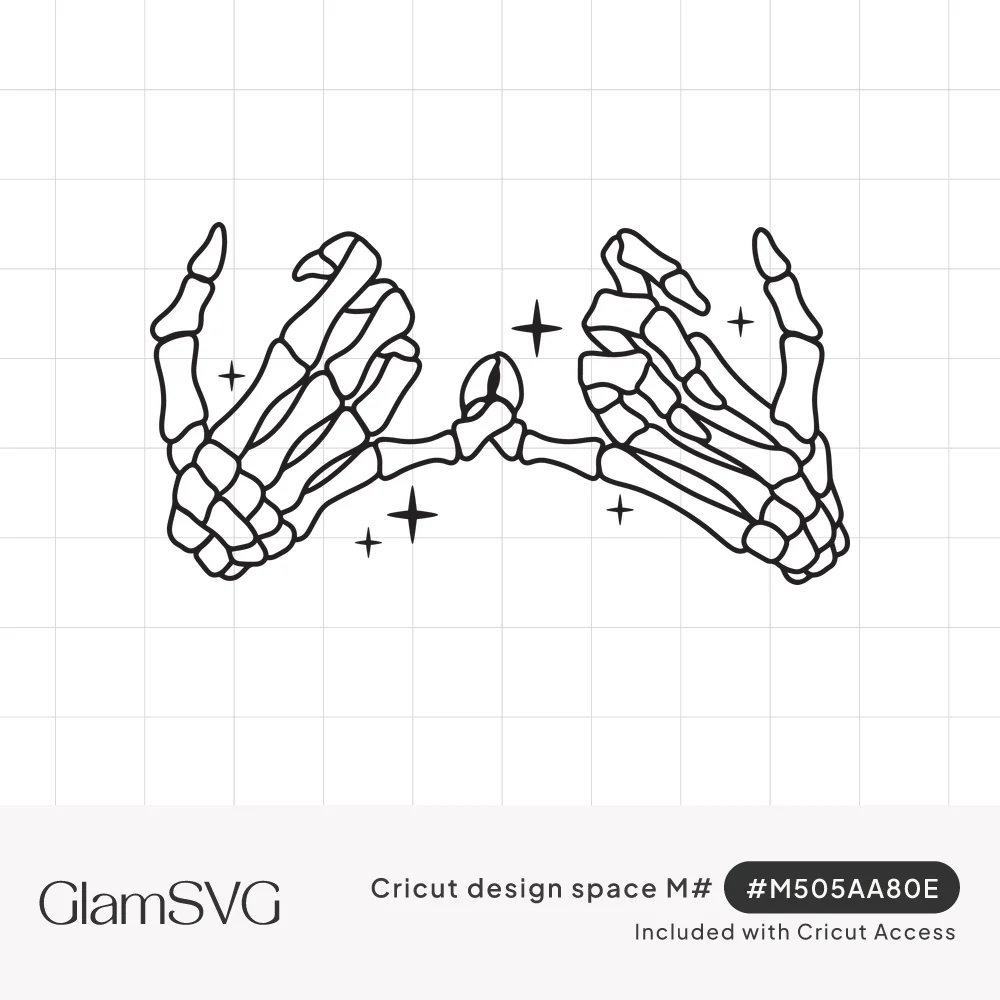 Line art of two skeleton hands linking pinky fingers in a pinky promise, surrounded by small sparkle stars