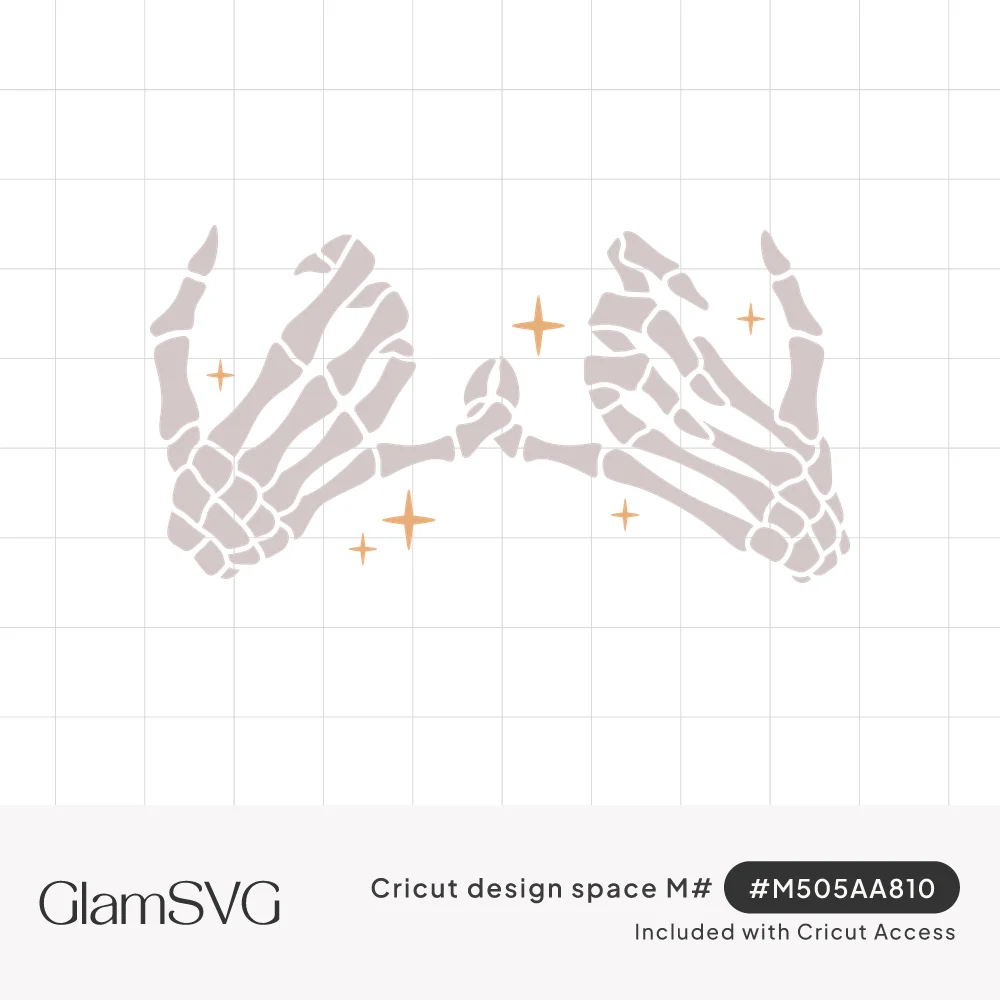 Two skeleton hands linking pinky fingers in a pinky promise, surrounded by small gold sparkle stars