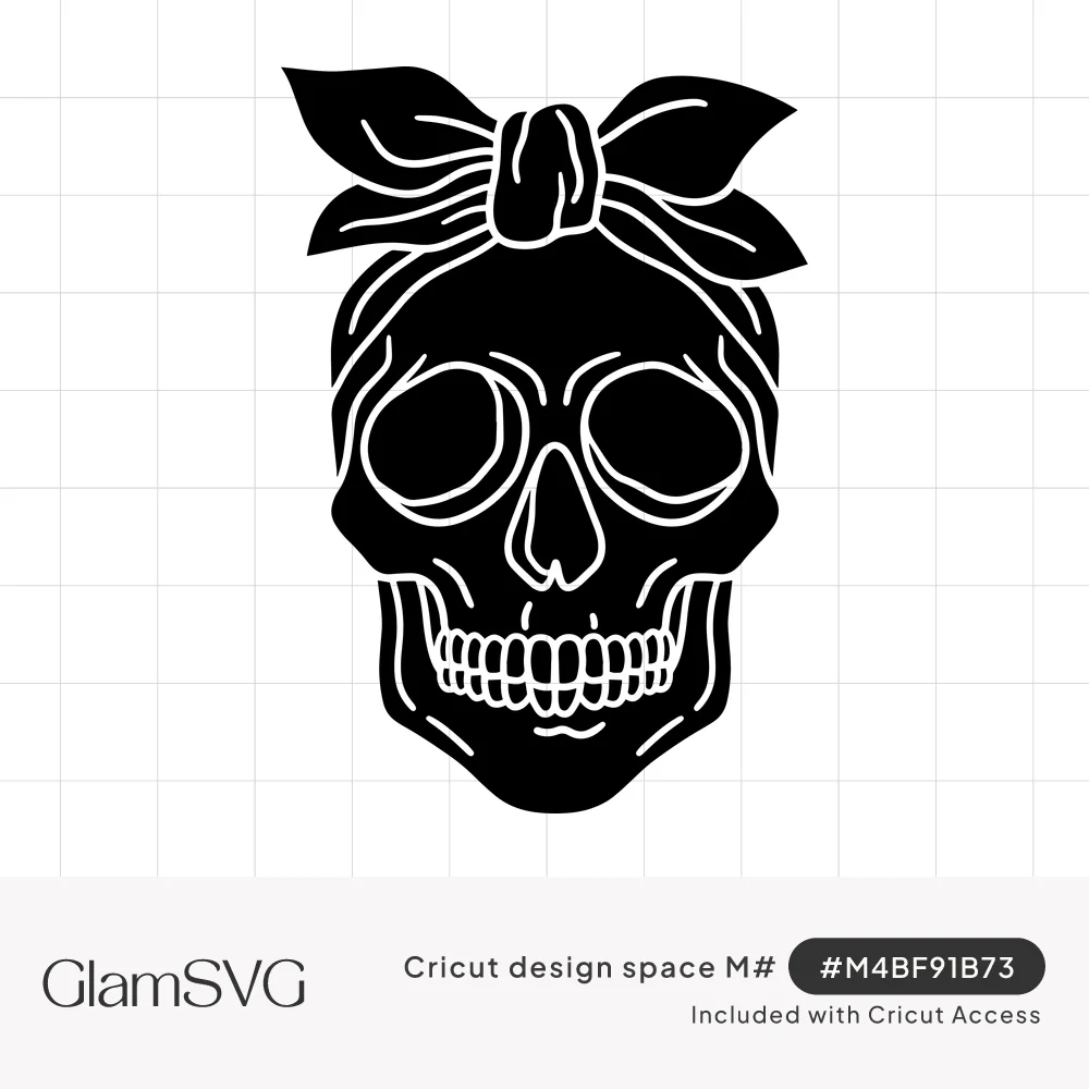 Black skull silhouette wearing a knotted bandana bow on top, with white line details for eyes, nose and teeth