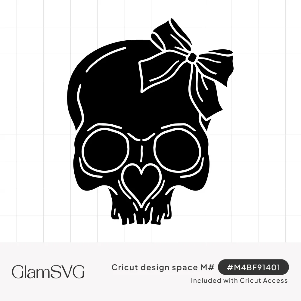 Black skull silhouette with a heart-shaped nose, white line details and a bow tied on top