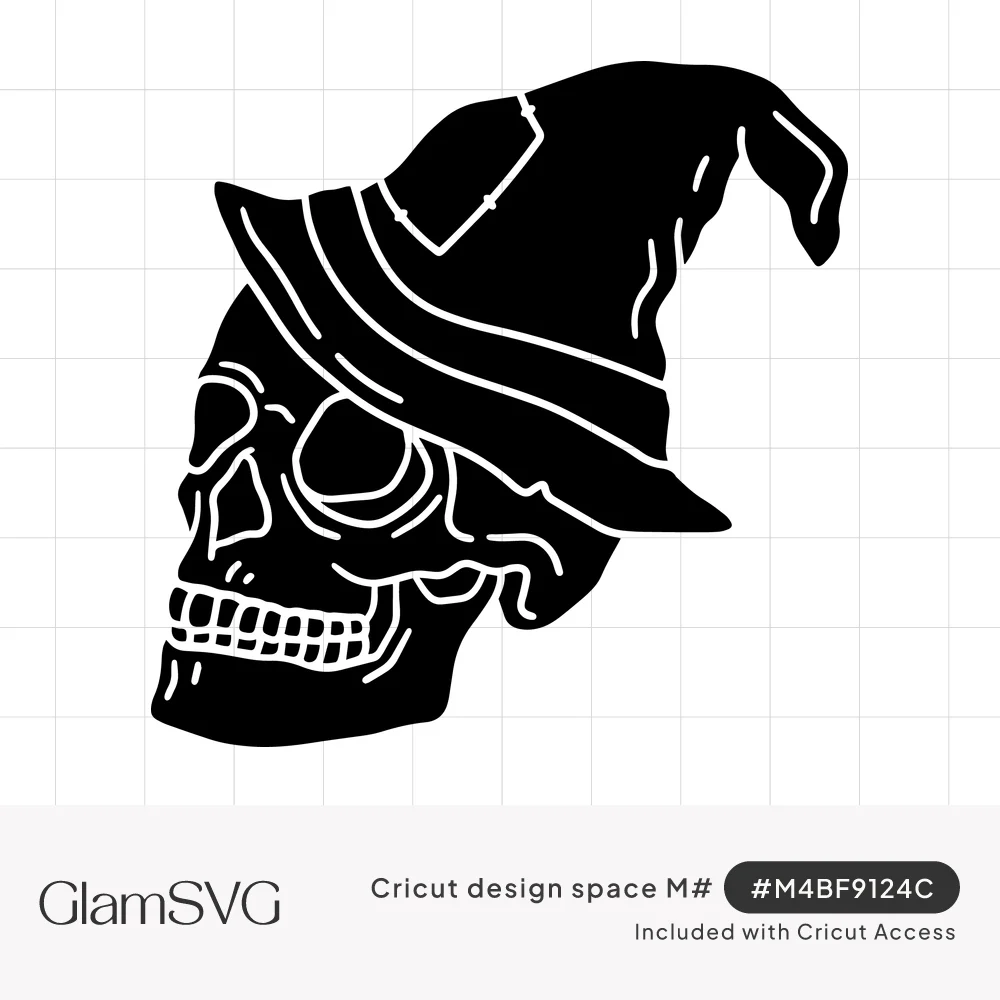 Black silhouette of a human skull wearing a crooked, patched witch hat, with white line details on the teeth and brim