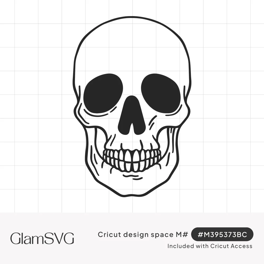 Black line art drawing of a front-facing human skull with solid eye sockets, nose cavity, and outlined teeth