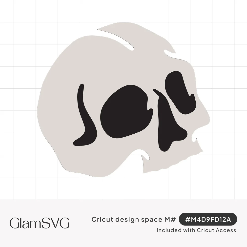 Pale gray skull in side profile with bold black eye socket and nose cavity and a simple jagged jaw