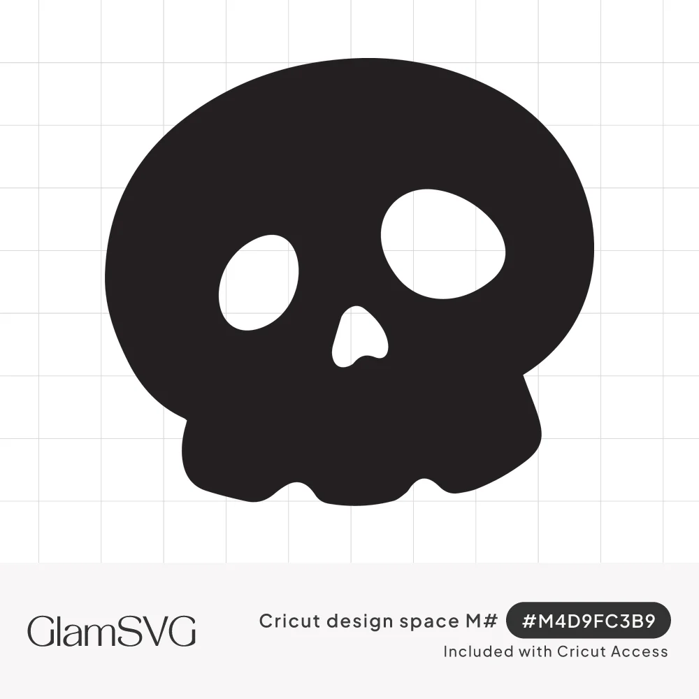 Black cartoon skull silhouette with uneven round eye sockets, a small rounded nose and a wavy toothy jaw