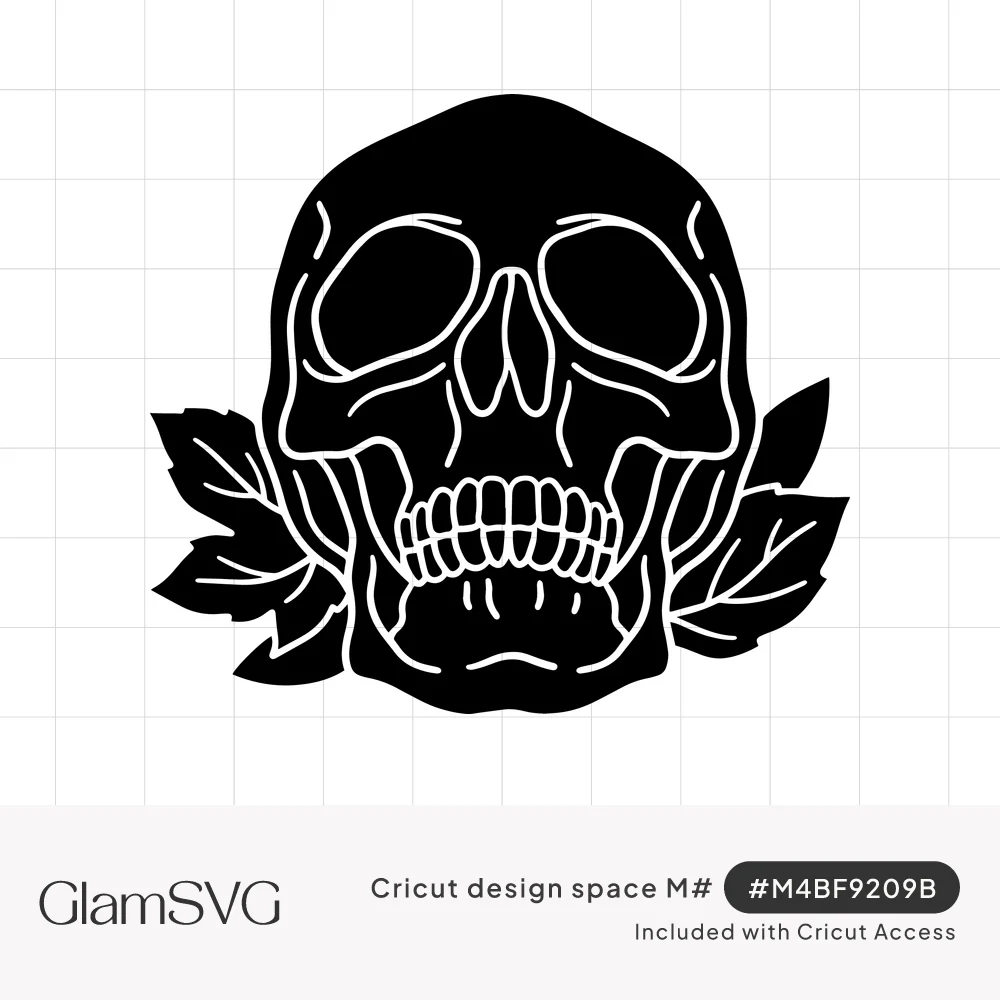 Black silhouette skull with white line details and teeth, framed by dark jagged leaves on each side