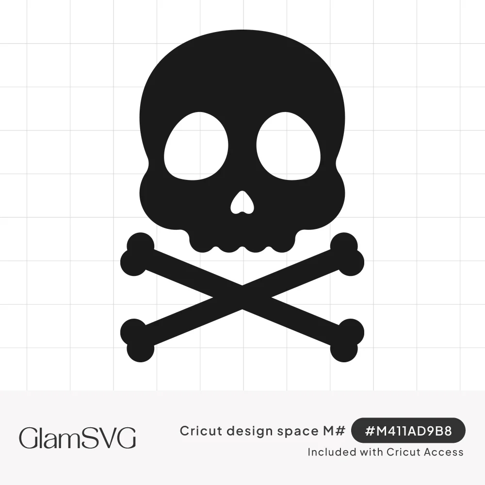 Solid black skull and crossbones silhouette with oval eye holes, heart-shaped nose and square teeth