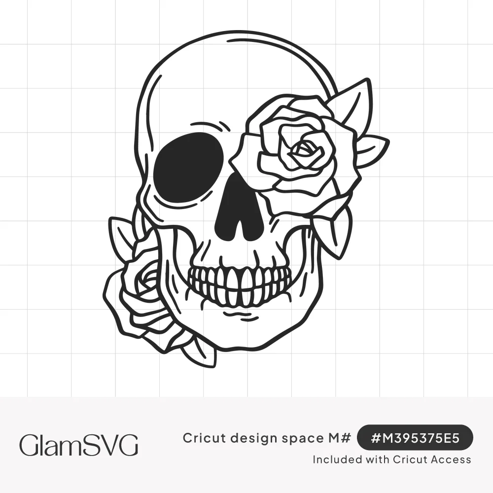 Black line art skull with a rose covering one eye socket and another rose with leaves near the jaw