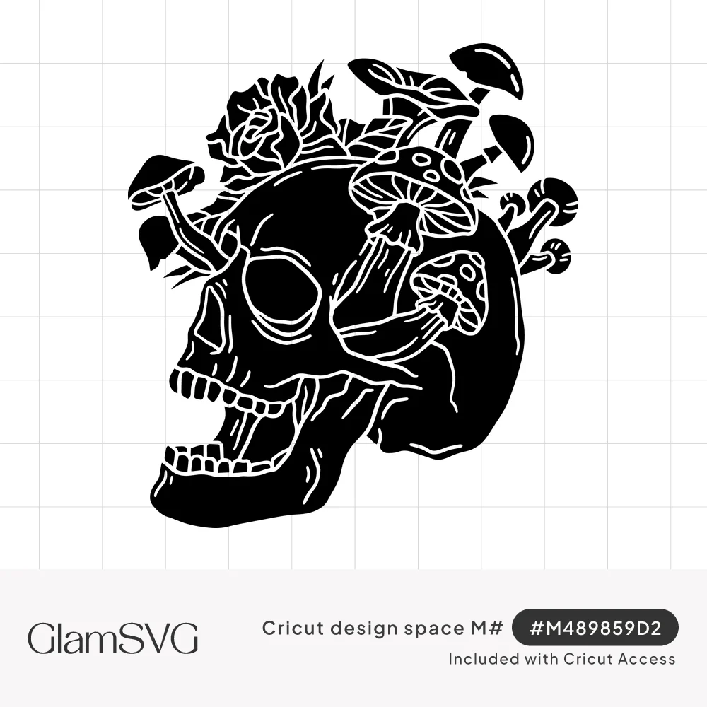 Black silhouette skull with open jaw, mushrooms and toadstools growing from its head beside a rose
