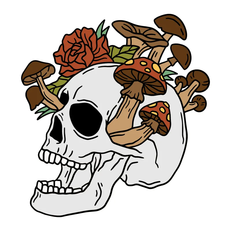 Skull With Mushrooms And Rose