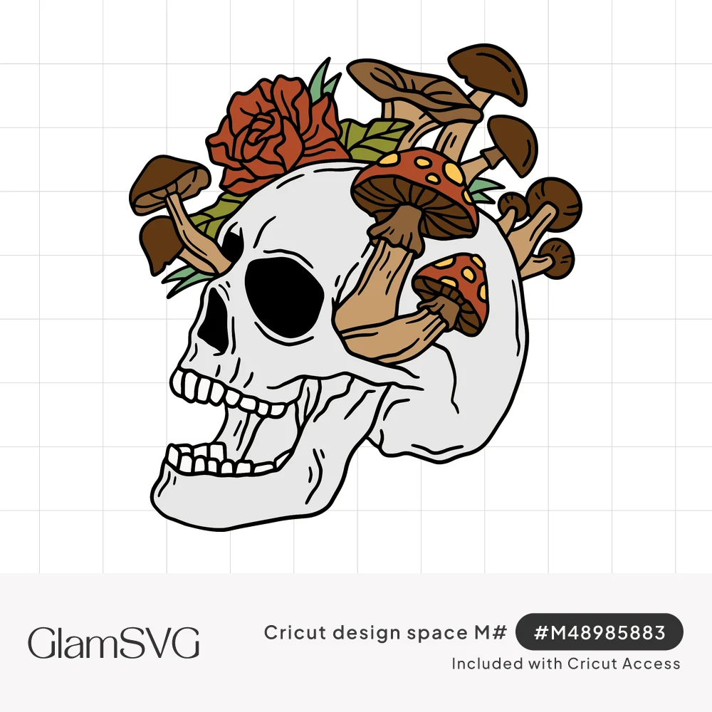 Illustrated white skull with open jaw, brown and red-spotted mushrooms and a red rose growing from its head