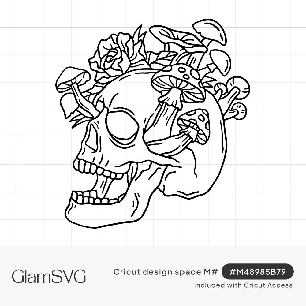 Black outline drawing of a human skull with open jaw, mushrooms and roses growing from the top of its head