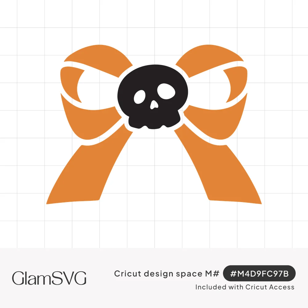 Orange ribbon bow with a black cartoon skull at the center knot, a cute Halloween design