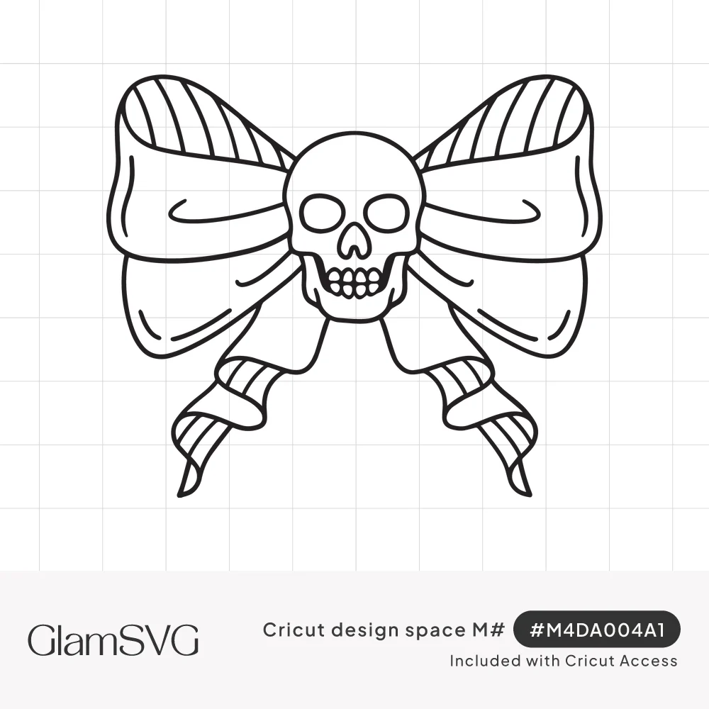 Black outline drawing of a large ribbon bow with striped loops and tails and a skull at the center knot