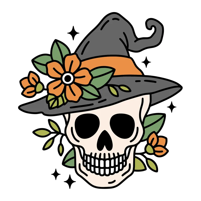 Floral Witch Hat Skull