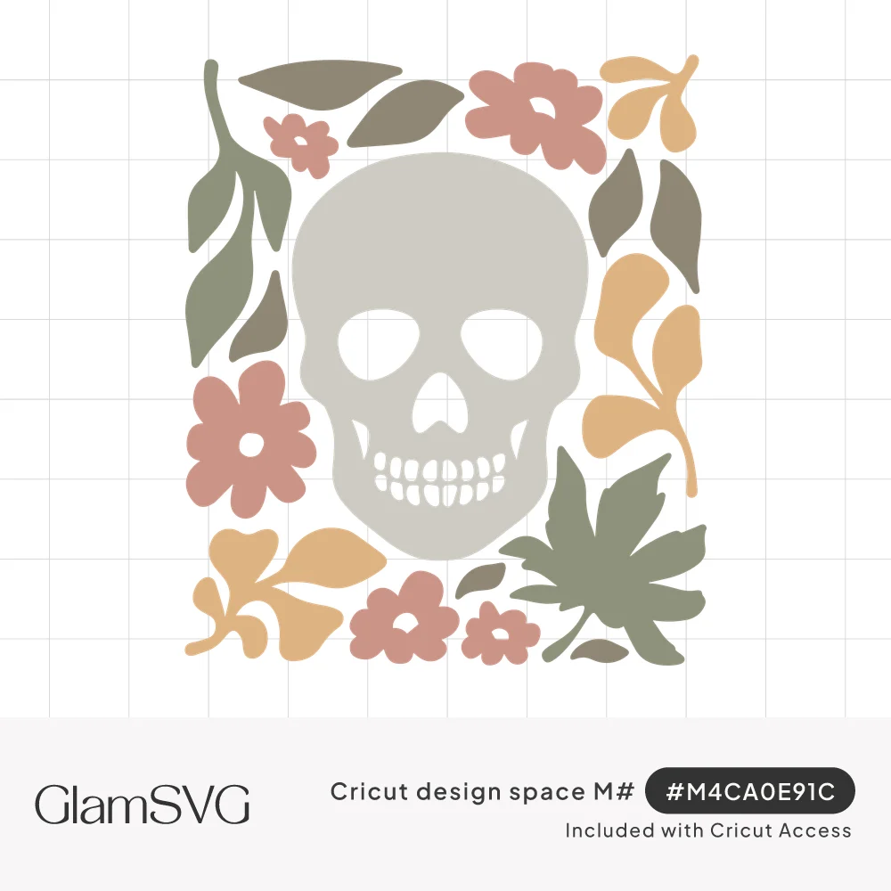 Gray skull surrounded by sage green leaves, dusty pink flowers and mustard foliage in a rectangular layout