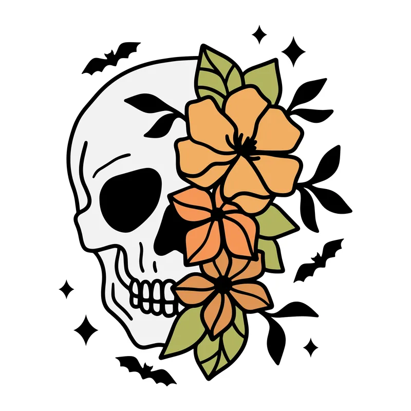 Floral Skull With Bats