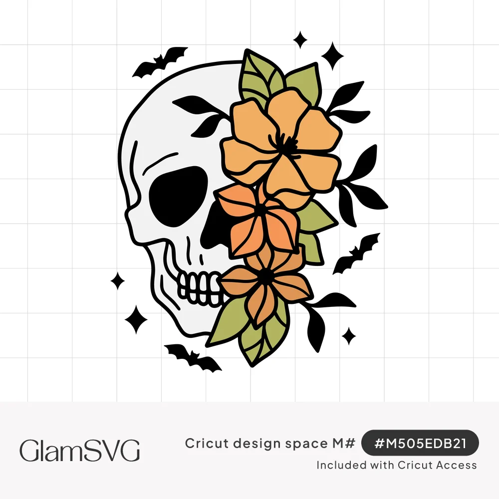 Line-drawn white skull with orange and peach flowers and green leaves over one side, surrounded by bats and sparkles