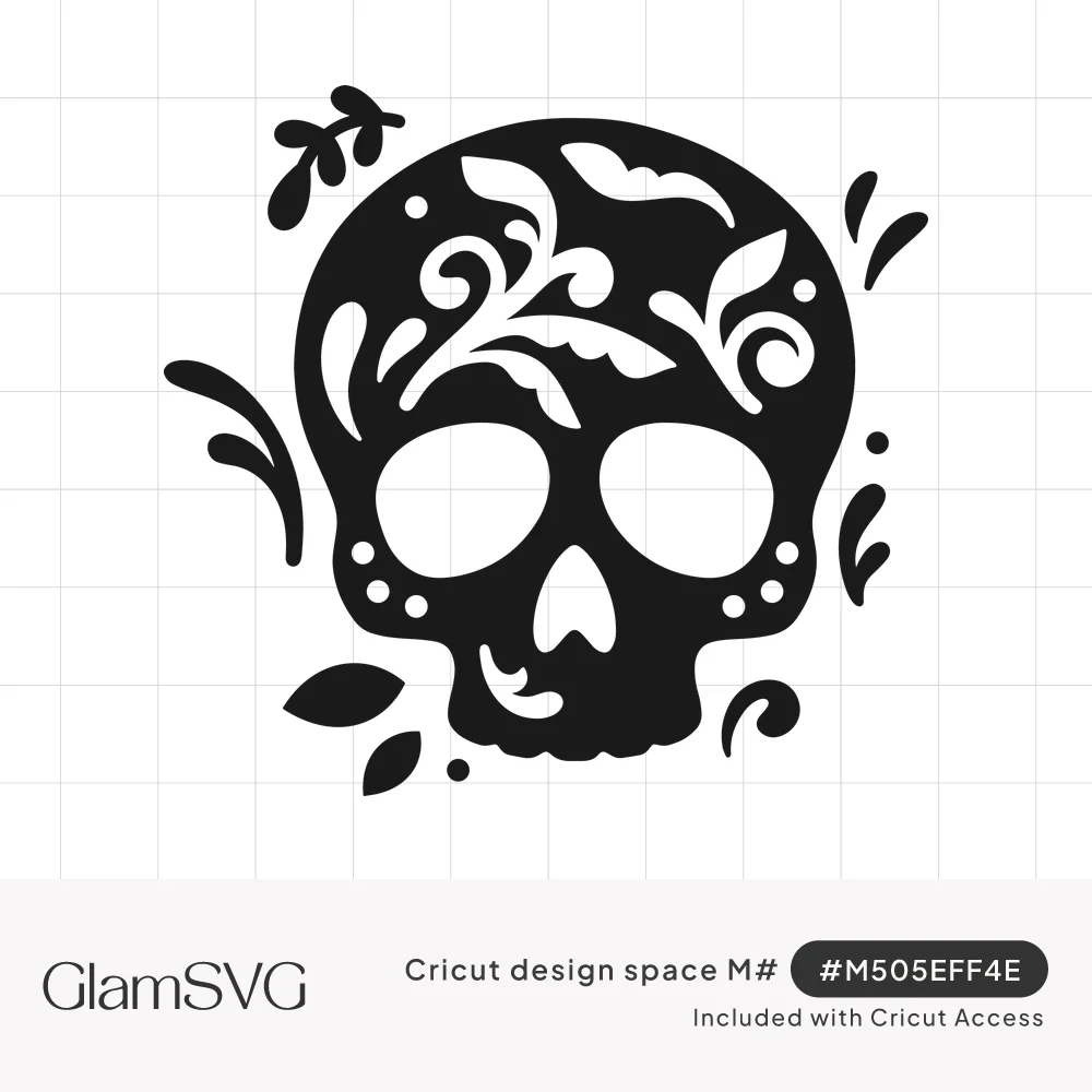 Black sugar skull silhouette with cut-out leaf swirls, dotted cheeks and small leaves scattered around it