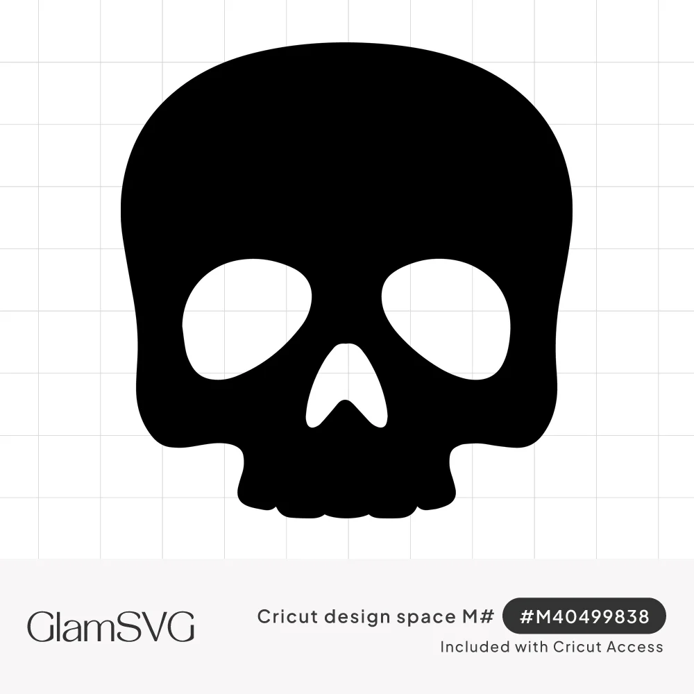Solid black skull silhouette with white oval eye sockets, a small triangular nose and a scalloped jaw edge