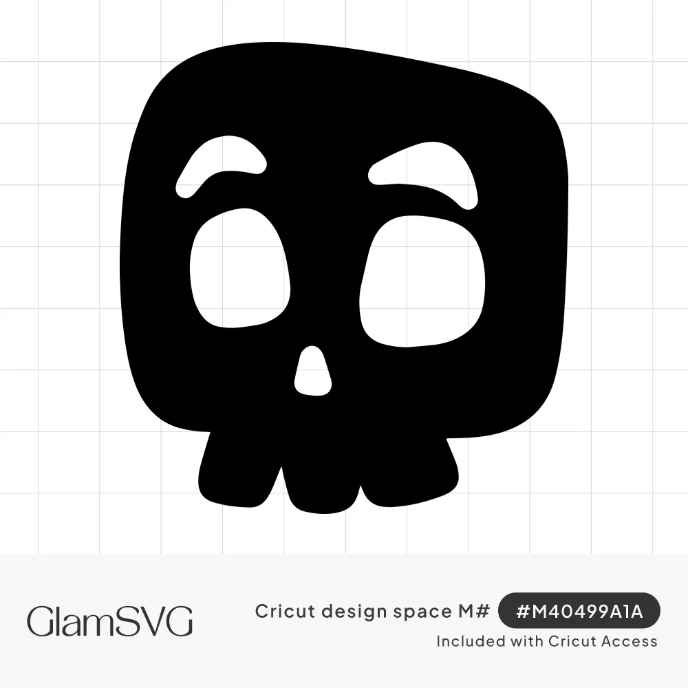 Black silhouette of a boxy cartoon skull with large oval eye holes, arched brows, a small nose and blocky teeth