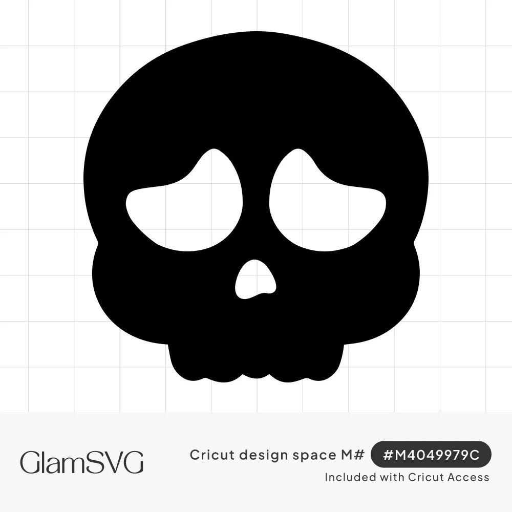 Solid black skull silhouette with droopy, sad-looking eye sockets and a small nose hole