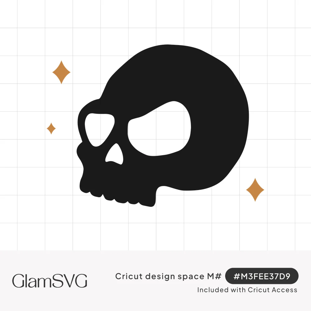 Solid black skull in side profile with angular eye sockets, surrounded by small gold four-point sparkles