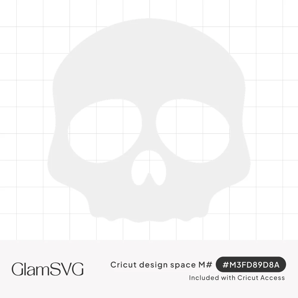 Solid white cartoon skull silhouette with large oval eye sockets, a small nose opening and a scalloped jaw edge