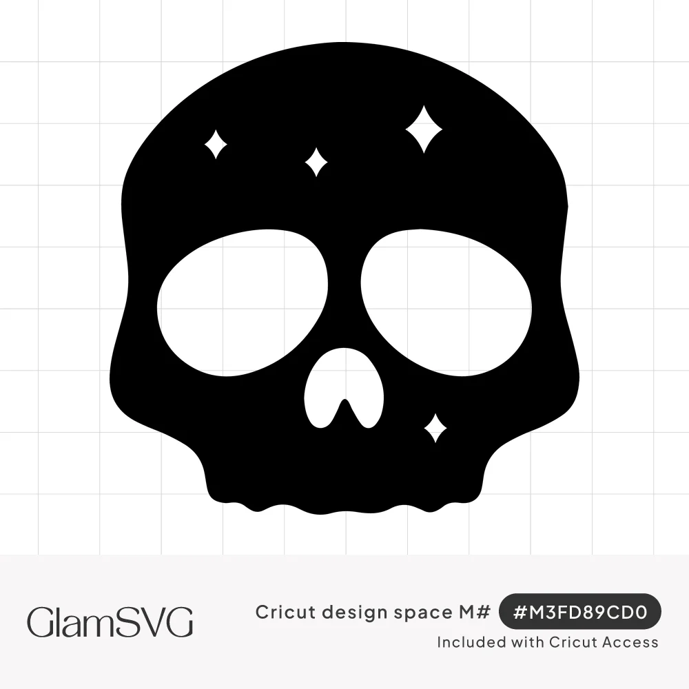 Solid black cartoon skull with large oval eyes, a rounded nose cutout and small white sparkle stars
