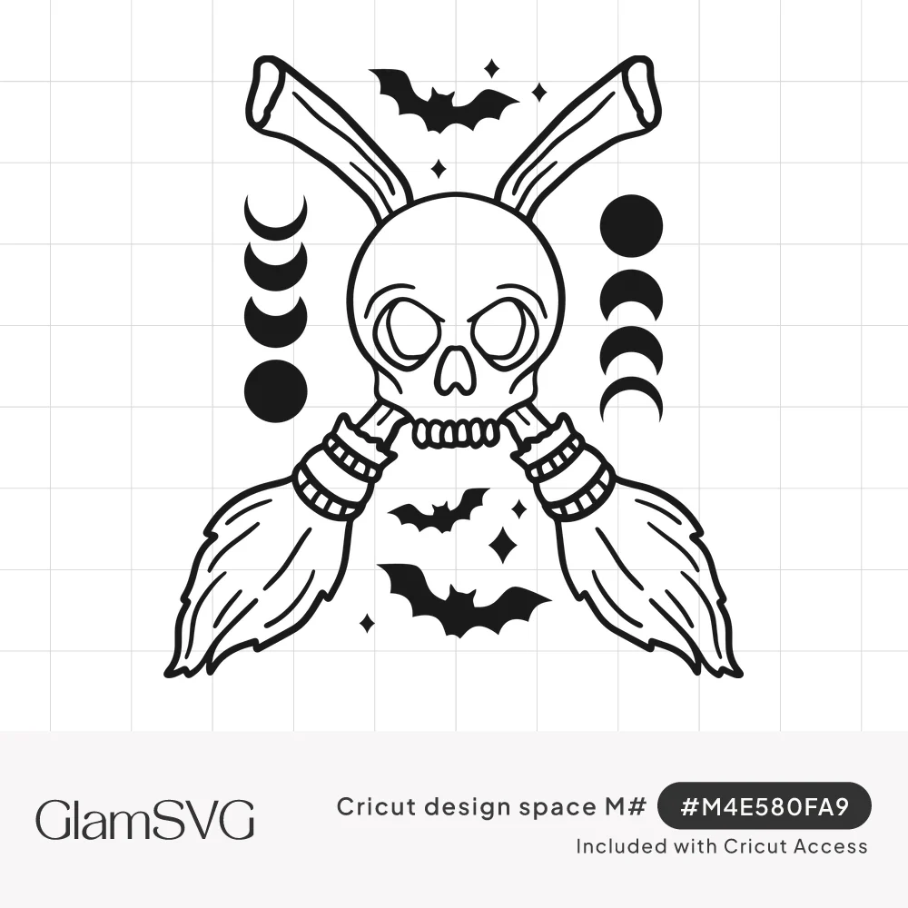 Line art skull over two crossed witch brooms with moon phases on each side, bats and sparkles around it