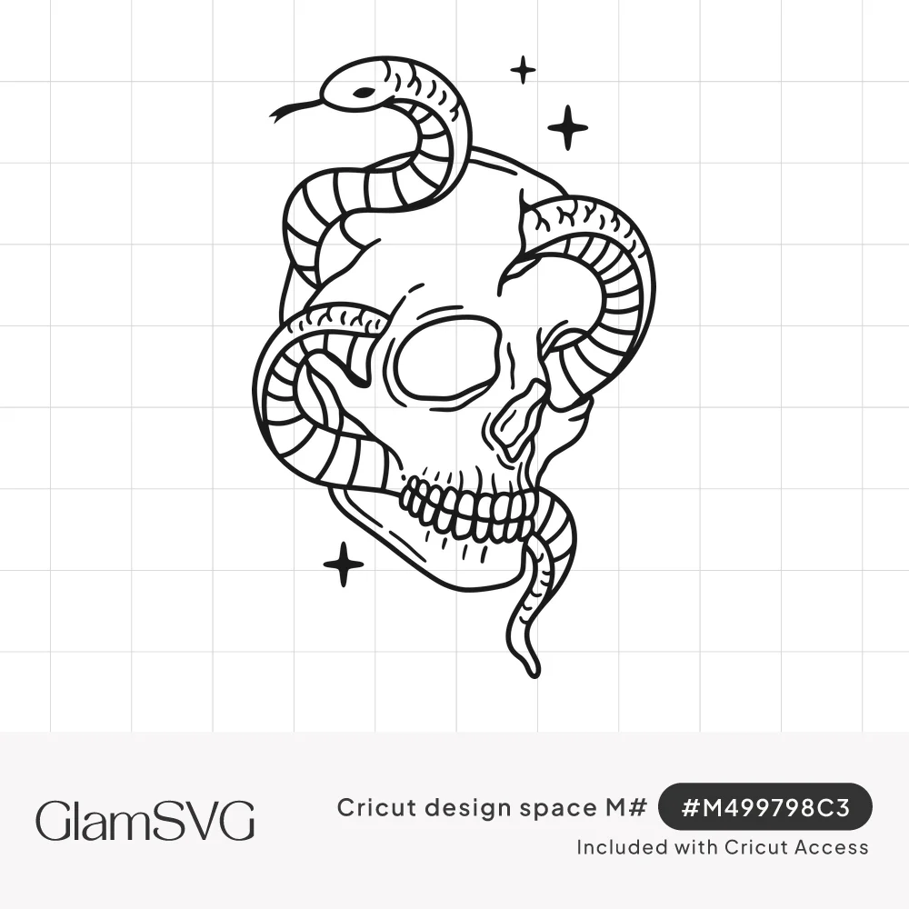 Black line art of a striped snake winding around and through a human skull, with small four-point sparkles