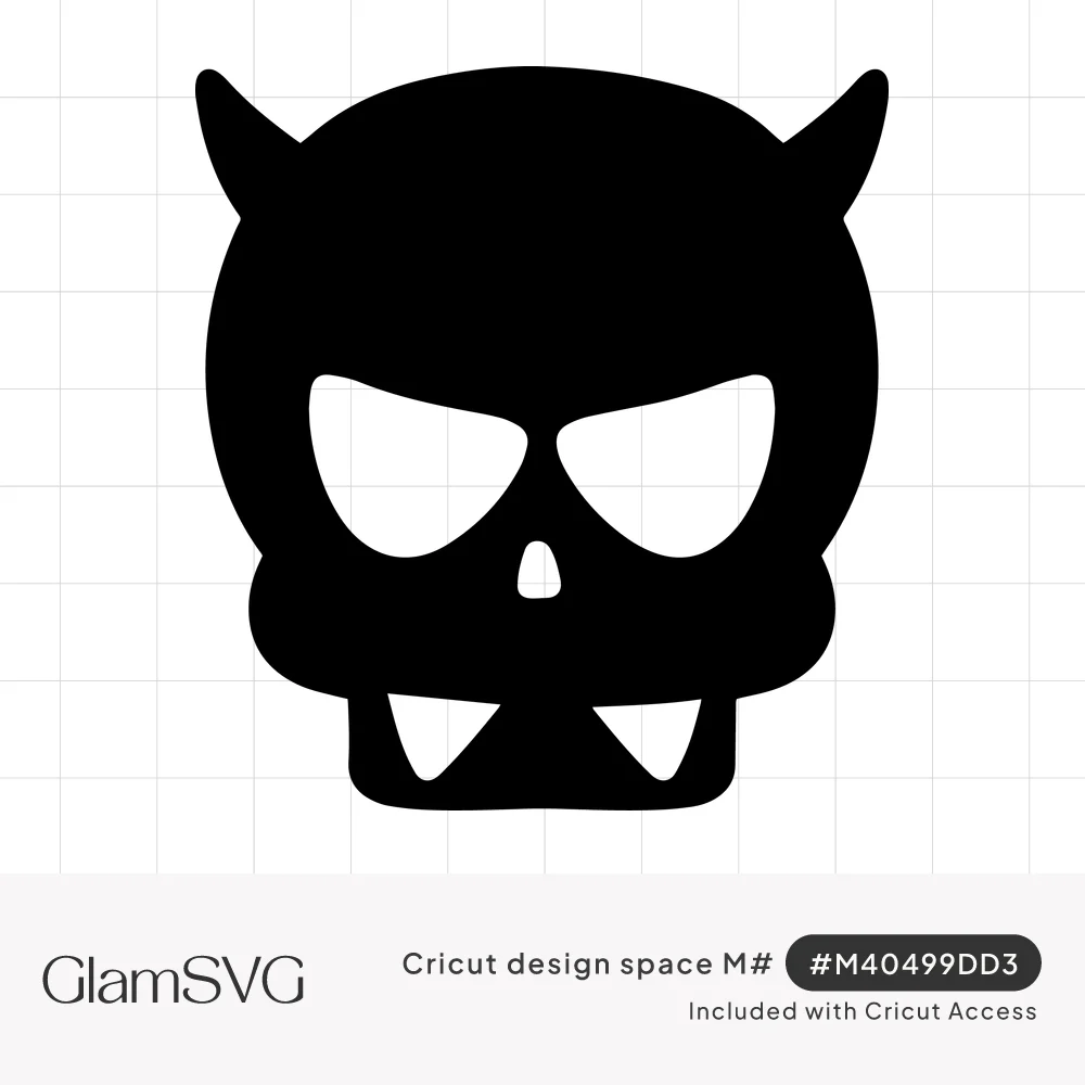 Black silhouette of a skull with pointed devil horns, angry slanted eyes, a small nose hole and two fangs