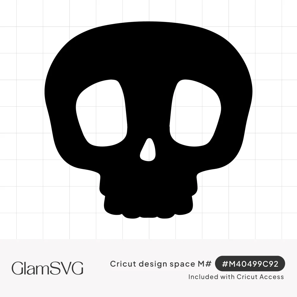 Solid black rounded skull silhouette with large hollow eye sockets, a small nose hole and blocky teeth