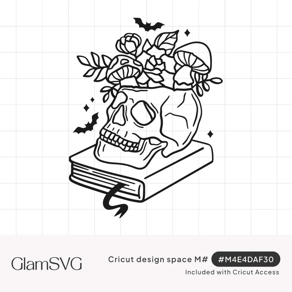 Black line art of a skull on a closed book with roses, leaves and mushrooms growing from its head, plus bats and sparkles