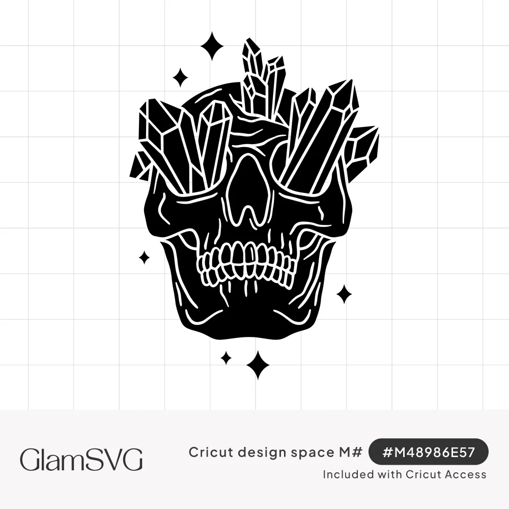 Black skull with clusters of quartz crystals growing from its eye sockets and top, surrounded by small four-point sparkles