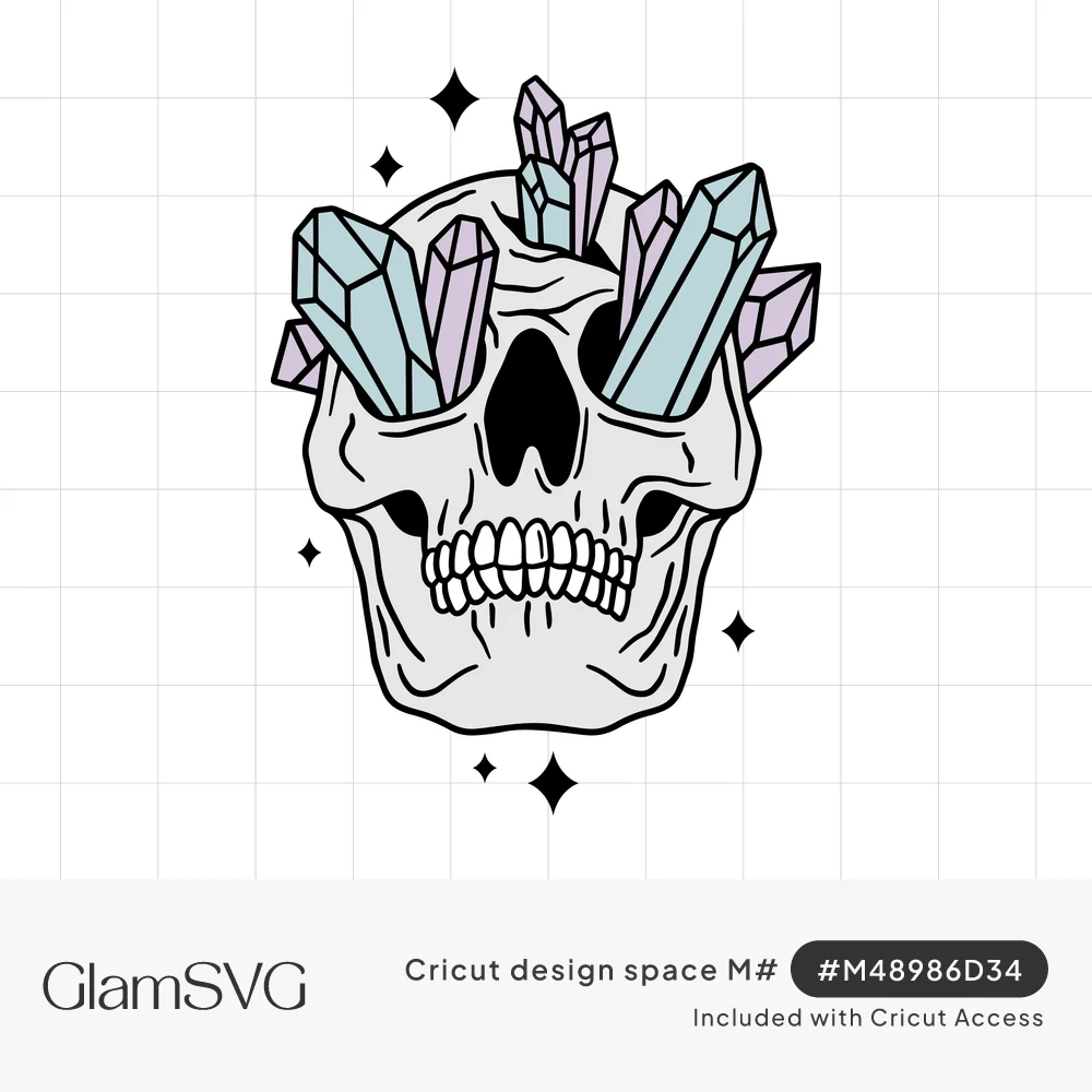 Line art skull with pastel lavender and blue crystals growing from its eye sockets and head, surrounded by small sparkles