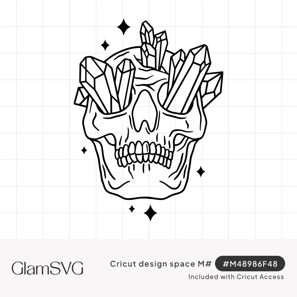 Black line-art human skull with quartz crystal clusters growing from its eye sockets and top, surrounded by small sparkles