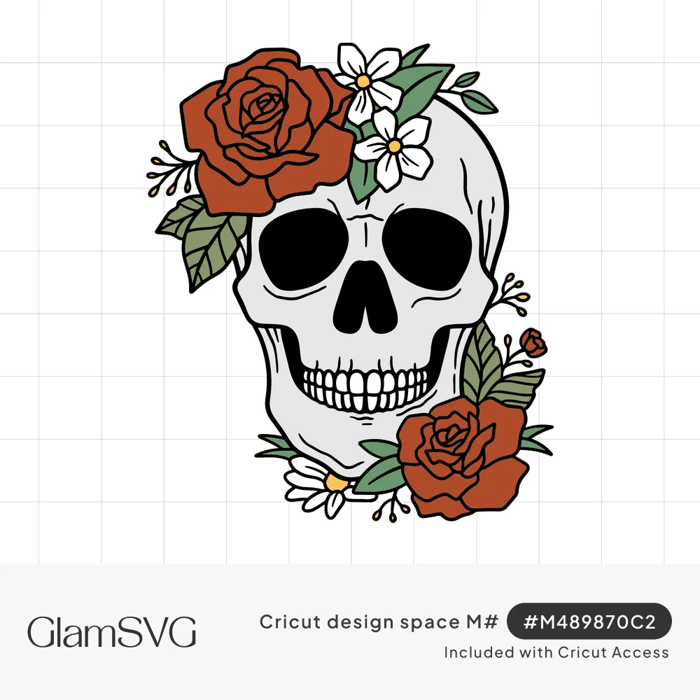 Illustrated white skull decorated with red roses, white daisies and green leaves, outlined in black tattoo style