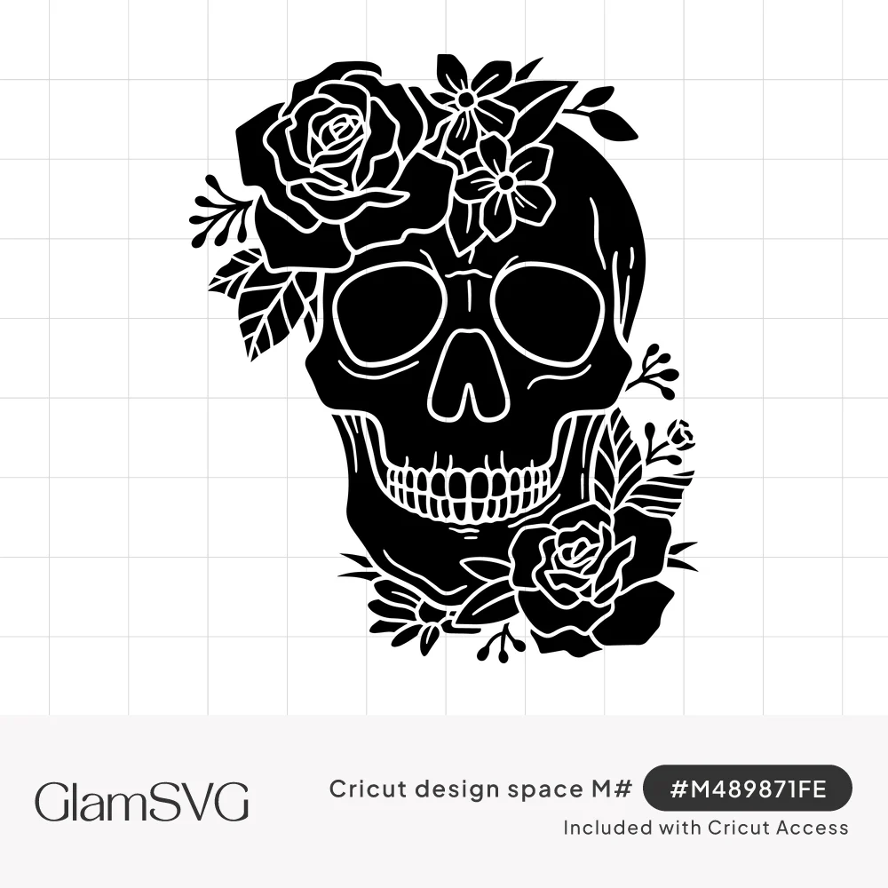 Black silhouette of a human skull crowned with roses, small flowers and leaves, with more roses at the jaw